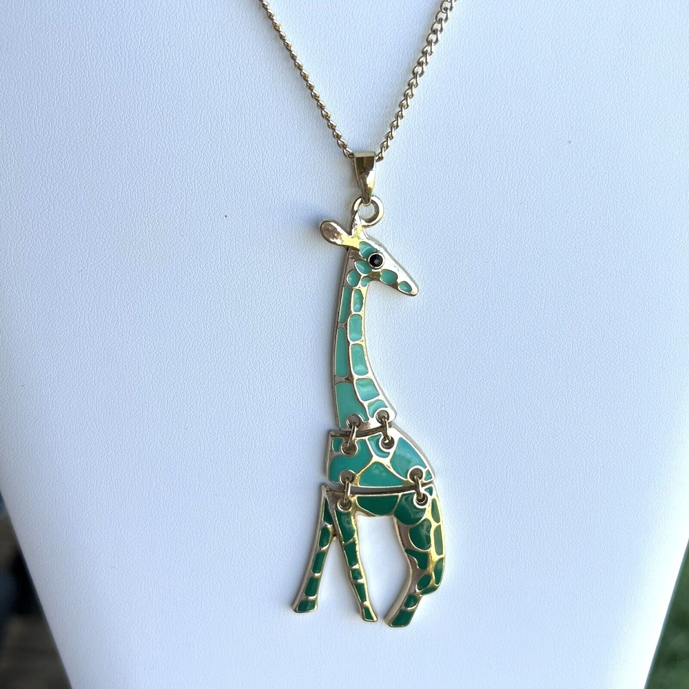 Gold Tone Green Enamel Articulated Giraffe Pendant Necklace Statement Jewelry